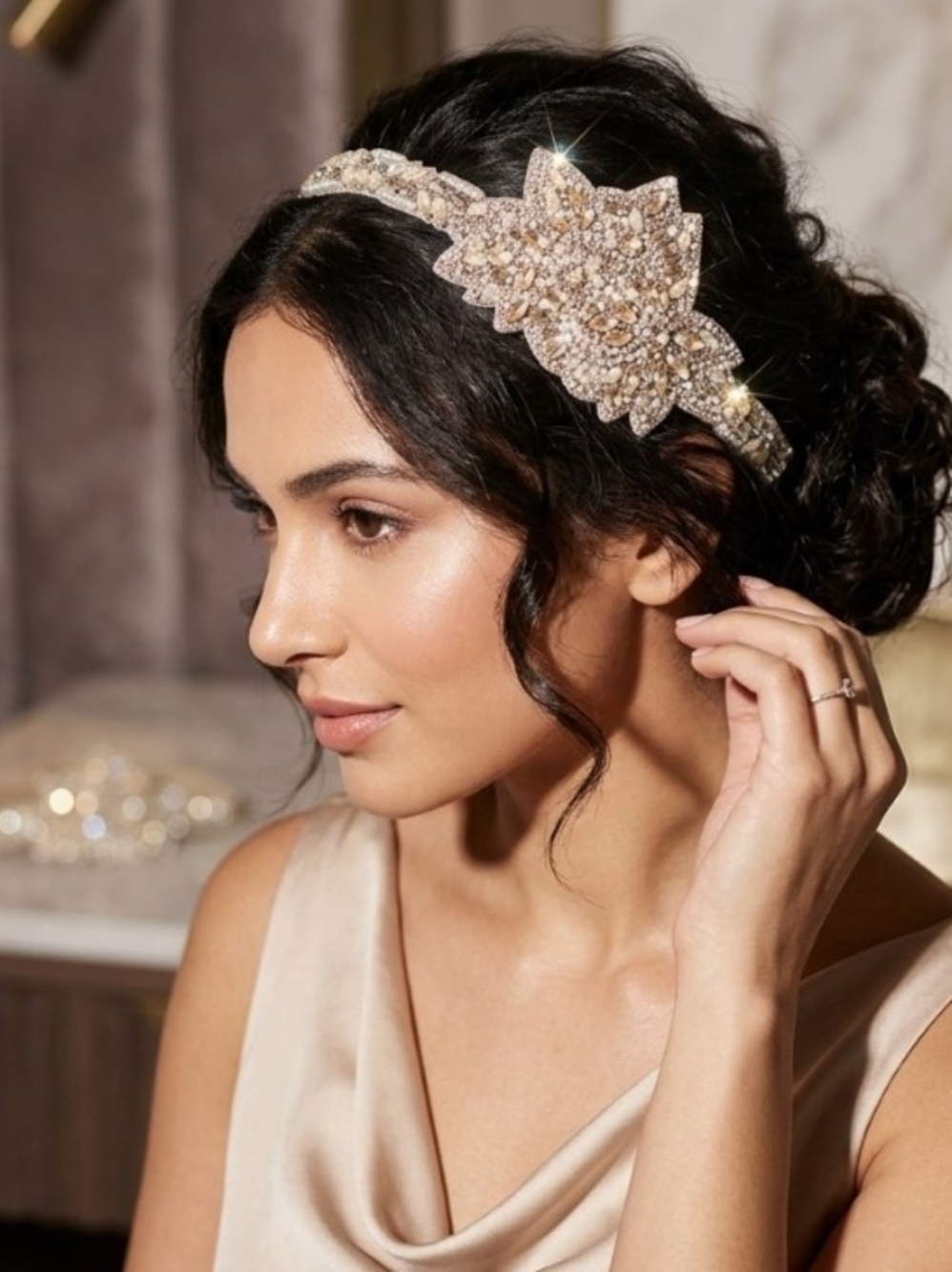 Deepa Gurnani Embellished Swarovski Crystal Floral Headband in Champagne Silver